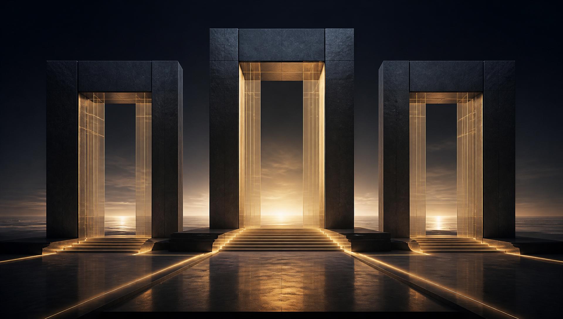 Abstract architectural portals representing coordination across jurisdictions, family continuity, and one integrated financial view.