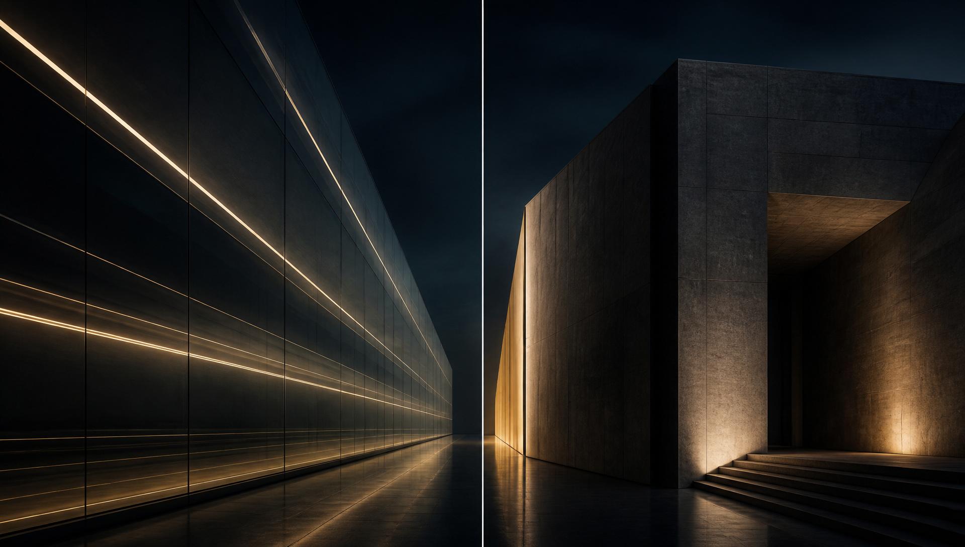 Abstract architectural diptych representing career momentum, transition, and durable long-term financial structure.