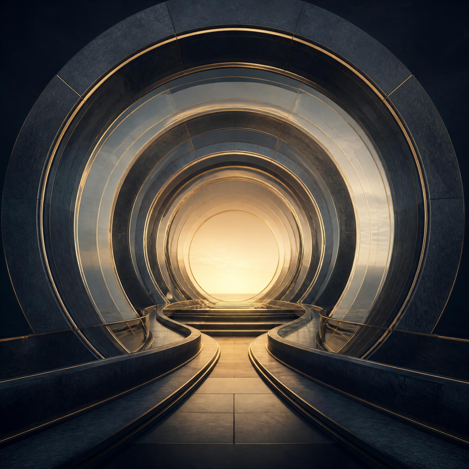 Abstract concentric architecture representing retirement-plan structure, oversight, participation, and a long-term horizon.